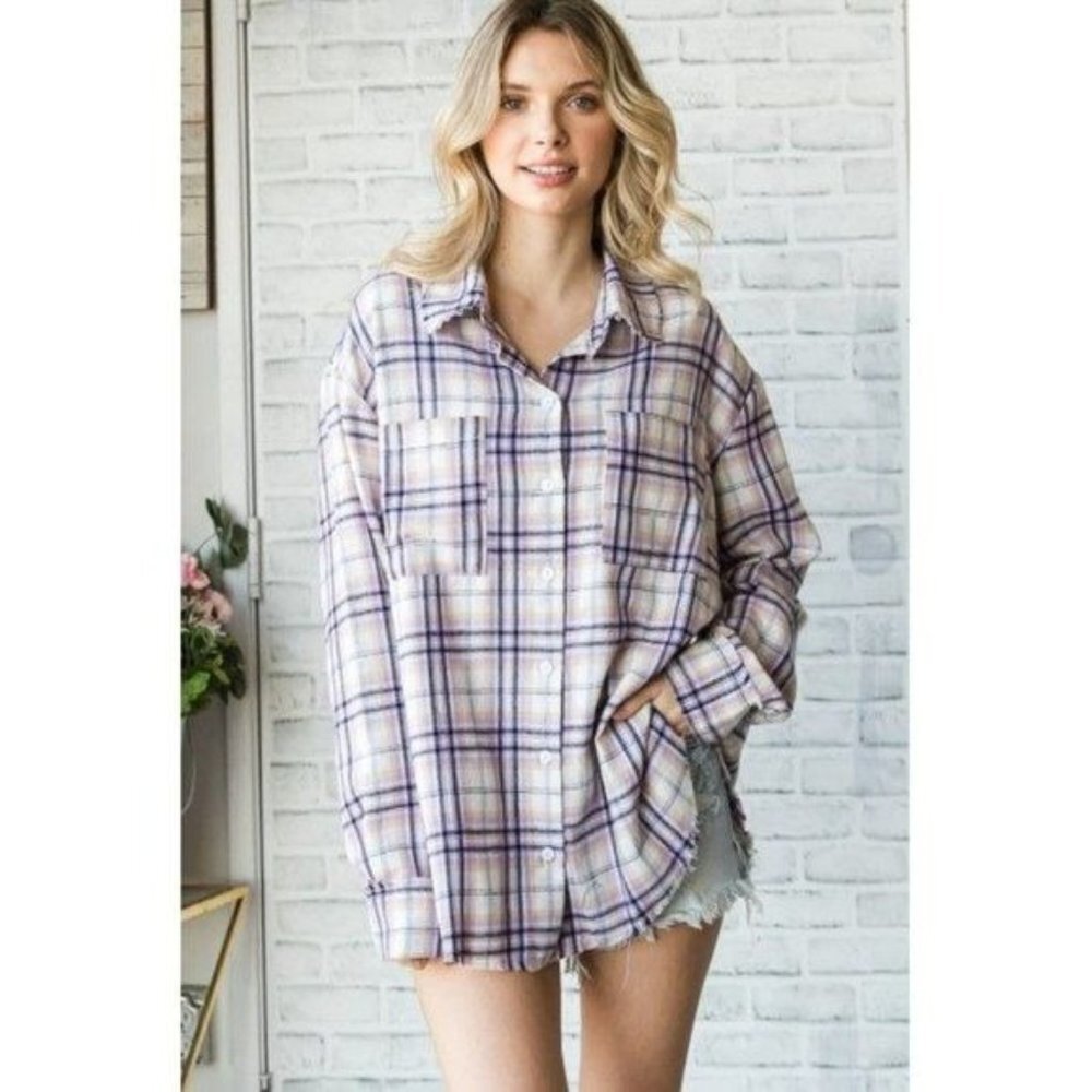 VEVERET Plaid Button Down Long Sleeve Raw Hem Shacket Shirt Lavender M & L NWT - Picture 5 of 16